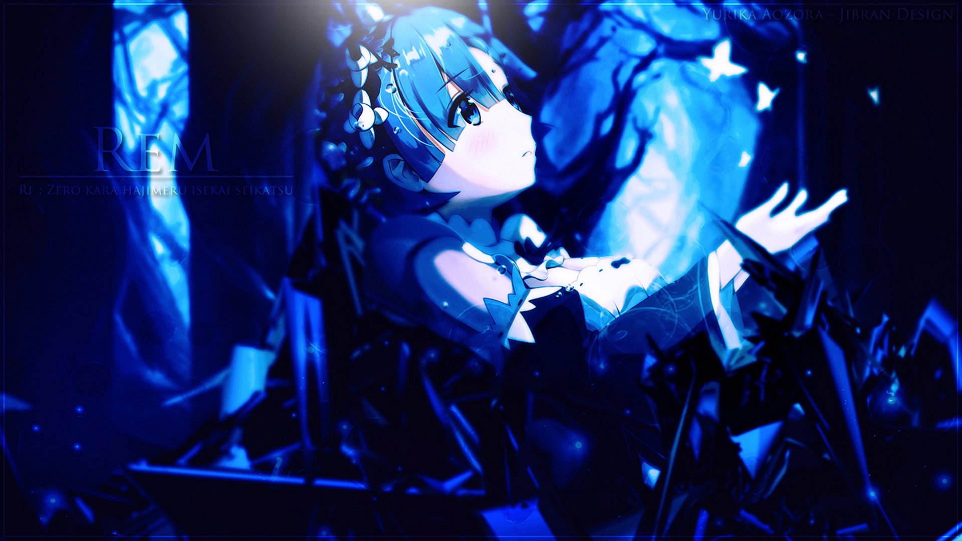HD desktop wallpaper featuring Rem from the anime Re:Zero - Starting Life in Another World, set against a dramatic blue background with glowing butterflies.