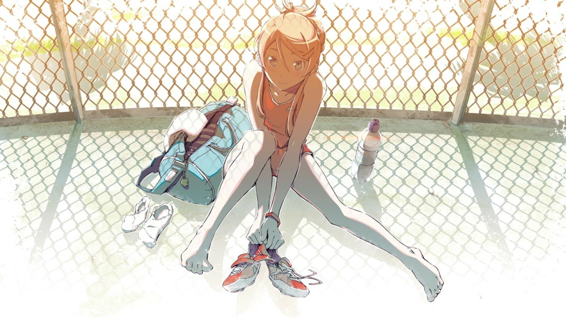 HD PC desktop wallpaper featuring Kirino Kousaka from the anime Oreimo, sitting on the floor with sneakers, a bag, and a fence background illuminated by soft sunlight.