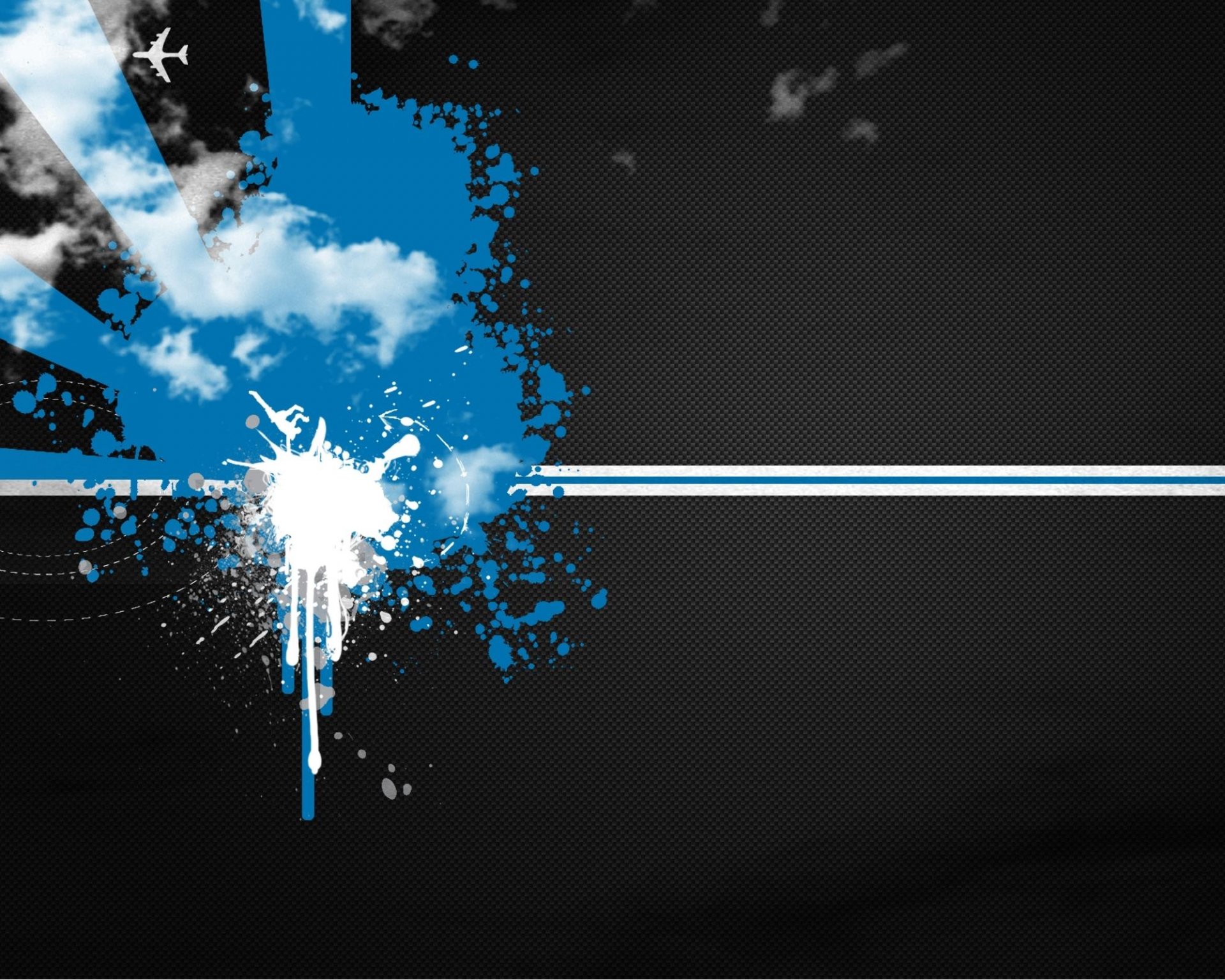 HD desktop wallpaper featuring an artistic vector design with blue and white splashes against a dark background, accented by horizontal lines and a touch of cloud.