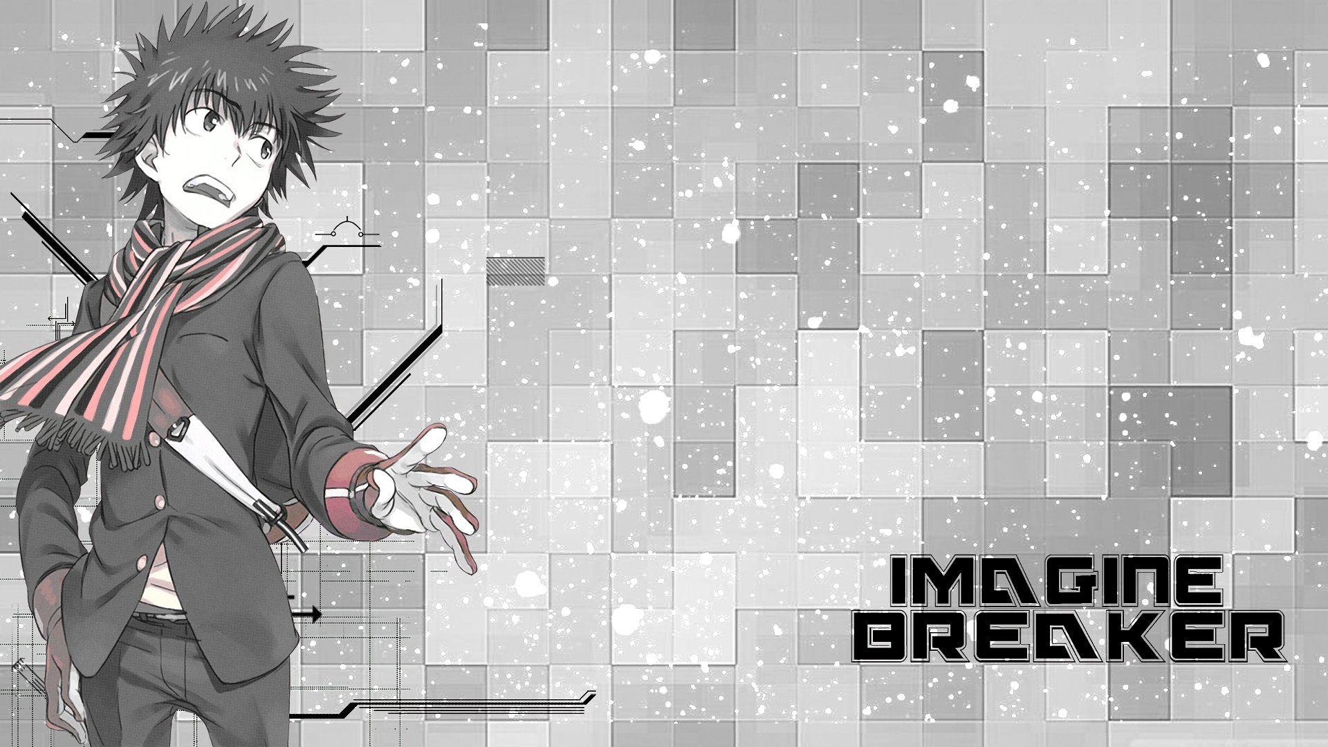 HD anime desktop wallpaper from A Certain Magical Index, featuring a character in a scarf with an outstretched hand against a geometric, digital-style background.