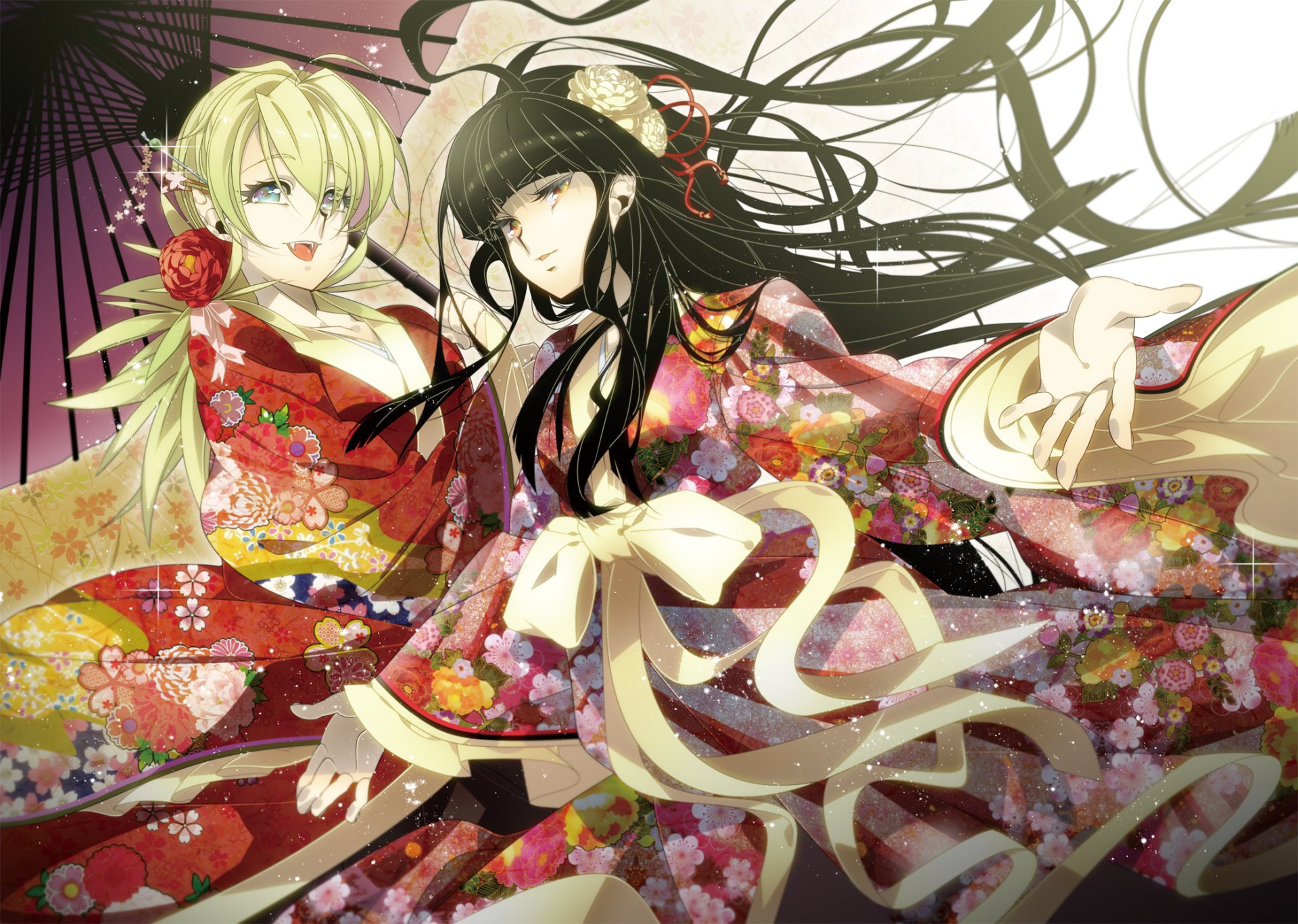 HD anime desktop wallpaper featuring Seras Victoria and Alucard from Hellsing, dressed in vibrant traditional kimonos with floral patterns and dynamic flowing ribbons.