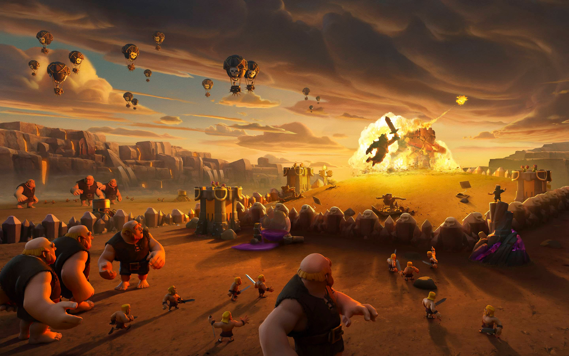HD Clash of Clans desktop wallpaper featuring an epic battle scene with characters and airships against a dramatic sky.