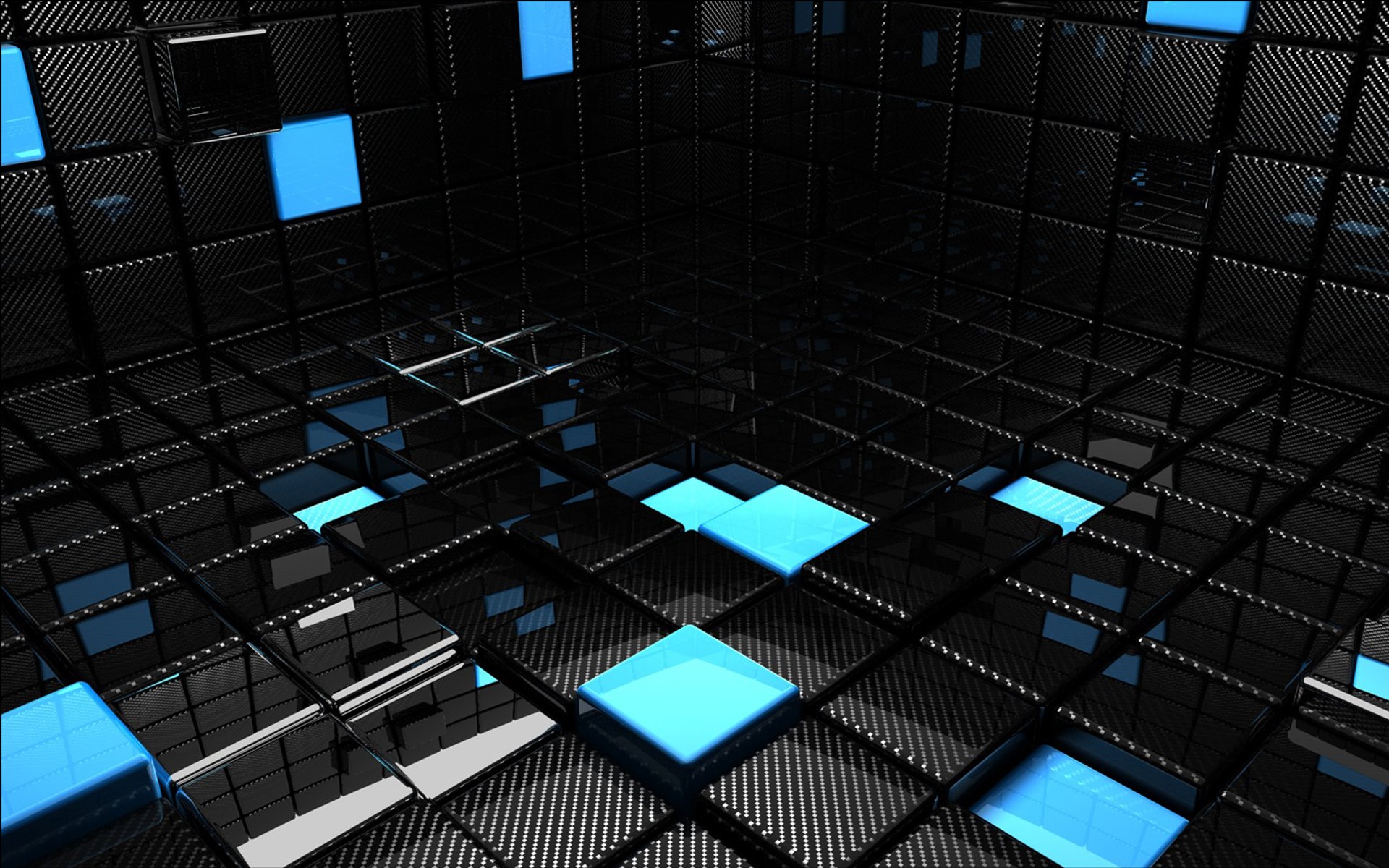 An abstract 3D CGI artwork featuring a network of black cubical structures with glowing blue squares, creating a visually striking HD desktop wallpaper.