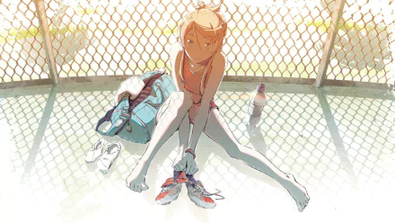HD PC desktop wallpaper featuring Kirino Kousaka from the anime Oreimo, sitting on the floor with sneakers, a bag, and a fence background illuminated by soft sunlight.