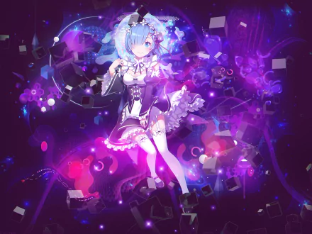 HD desktop wallpaper featuring Rem from the anime Re:ZERO - Starting Life in Another World, set against a vibrant and dynamic background.