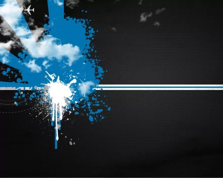 HD desktop wallpaper featuring an artistic vector design with blue and white splashes against a dark background, accented by horizontal lines and a touch of cloud.