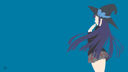 HD desktop wallpaper featuring Mikoto Asuka from the anime Yamada-kun and the Seven Witches. She is depicted in a minimalist style, standing with flowing purple hair and a witch hat against a blue background.