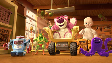 HD PC desktop wallpaper featuring characters from the movie Toy Story 3, including Lotso, a robot, and other toys in a sunlit room.
