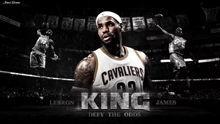 HD desktop wallpaper featuring a prominent basketball player in Cleveland Cavaliers uniform with the title KING and the phrase DEFY THE ODDS.