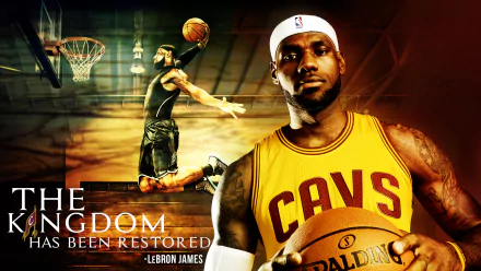 HD desktop wallpaper featuring an artistic design with LeBron James in a Cleveland Cavaliers jersey, basketball in action.