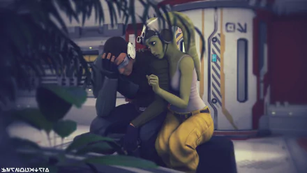 Star Wars Rebels 4K Ultra HD PC desktop wallpaper showing Kanan Jarrus comforting Hera Syndulla inside a ship, a tender TV show moment framed by soft lighting and surrounding foliage.