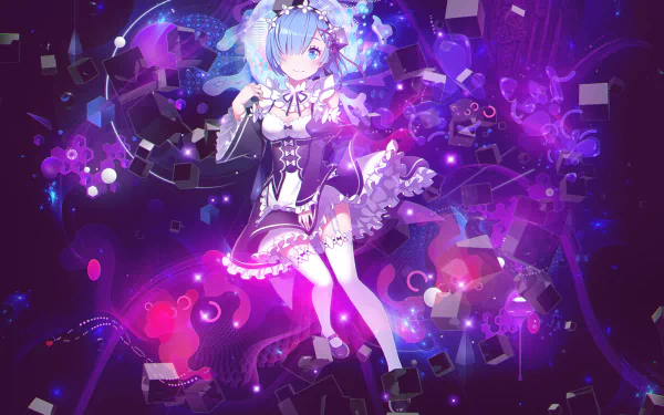HD desktop wallpaper featuring Rem from the anime Re:ZERO - Starting Life in Another World, set against a vibrant and dynamic background.