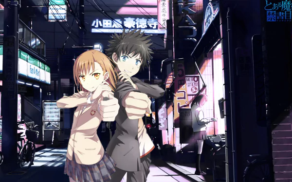 HD PC desktop wallpaper featuring anime characters from A Certain Magical Index standing confidently in a neon-lit urban alley at night.