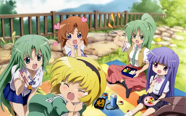 Sonozaki Shion Sonozaki Mion Rena Ryūgū Hōjō Satoko Furude Rika Anime Higurashi When They Cry HD Desktop Wallpaper | Background Image