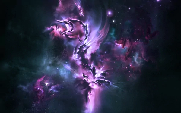 HD desktop wallpaper featuring a stunning sci-fi nebula with vibrant purple and pink hues, set against a dark cosmic background.