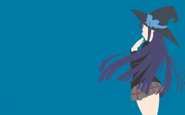 HD desktop wallpaper featuring Mikoto Asuka from the anime Yamada-kun and the Seven Witches. She is depicted in a minimalist style, standing with flowing purple hair and a witch hat against a blue background.