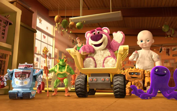 HD PC desktop wallpaper featuring characters from the movie Toy Story 3, including Lotso, a robot, and other toys in a sunlit room.