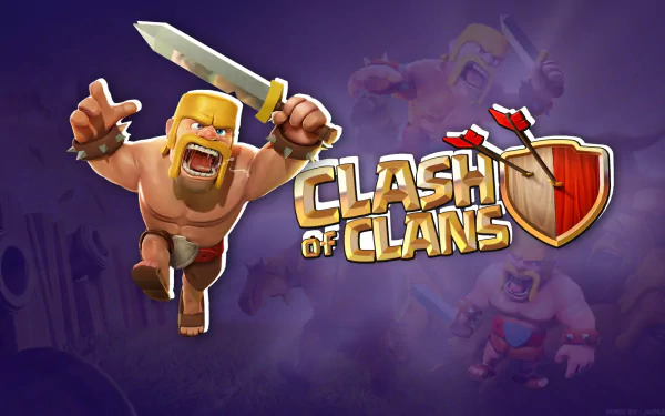 HD desktop wallpaper showcasing a Clash of Clans theme, featuring a fierce barbarian character with a massive sword against a dark background with the game's logo prominently displayed.