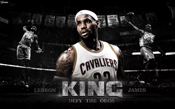 HD desktop wallpaper featuring a prominent basketball player in Cleveland Cavaliers uniform with the title KING and the phrase DEFY THE ODDS.