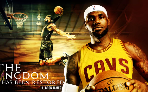 HD desktop wallpaper featuring an artistic design with LeBron James in a Cleveland Cavaliers jersey, basketball in action.