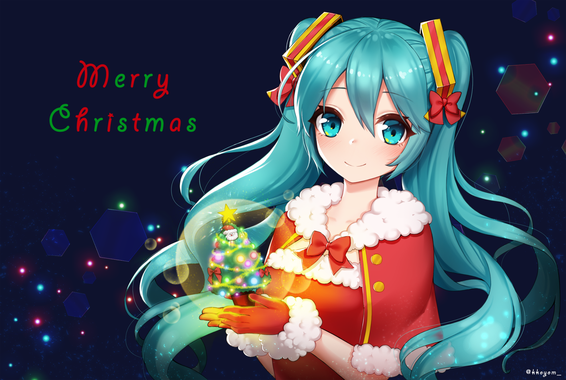 HD anime desktop wallpaper featuring Hatsune Miku from Vocaloid dressed in a festive Christmas outfit holding a glowing decorated tree.
