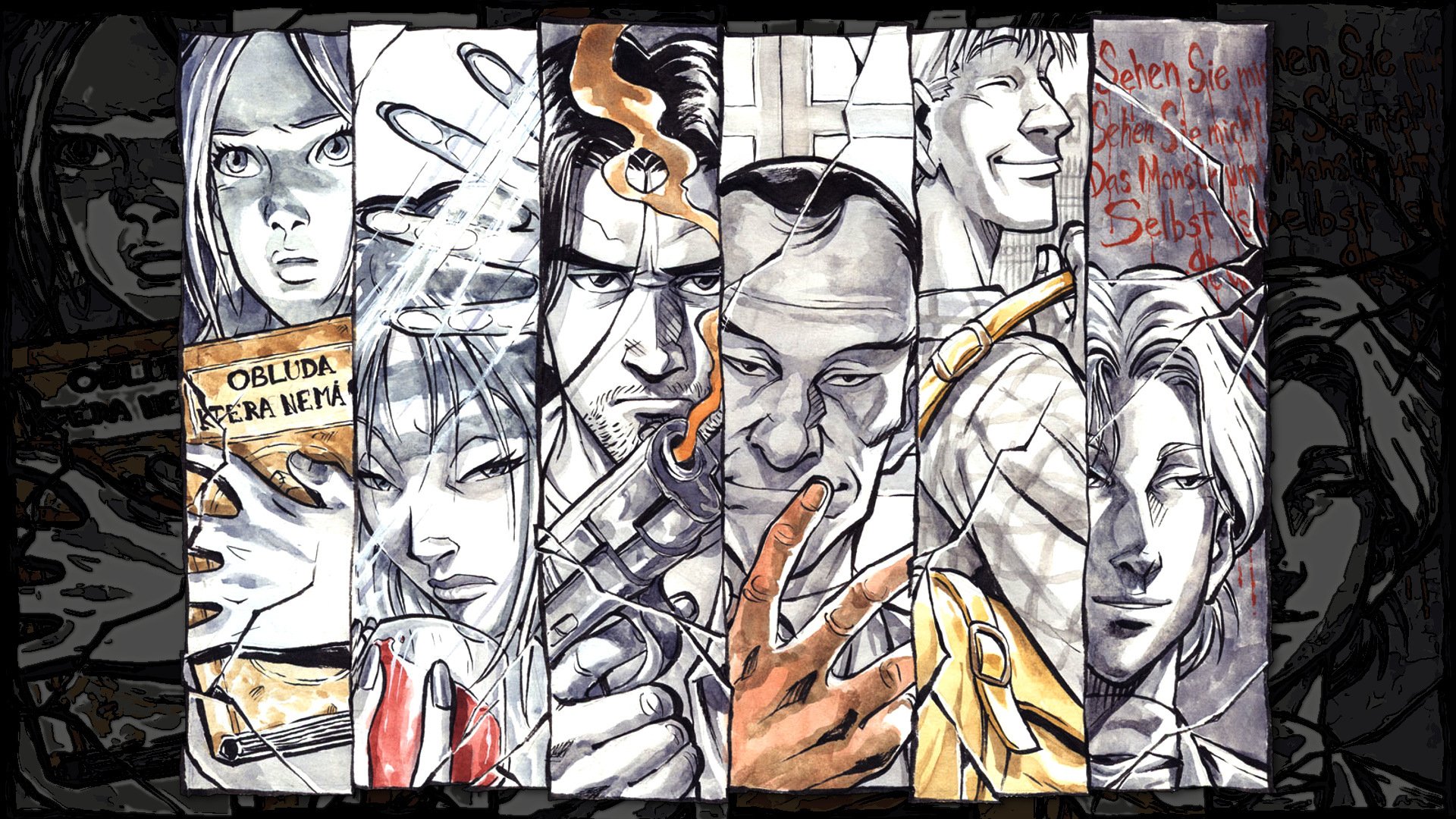 HD PC desktop wallpaper of TV show Monster (2004): comic-style vertical panels of tense characters, blood-streaked hands, cigarette smoke and an eerie noir mood.