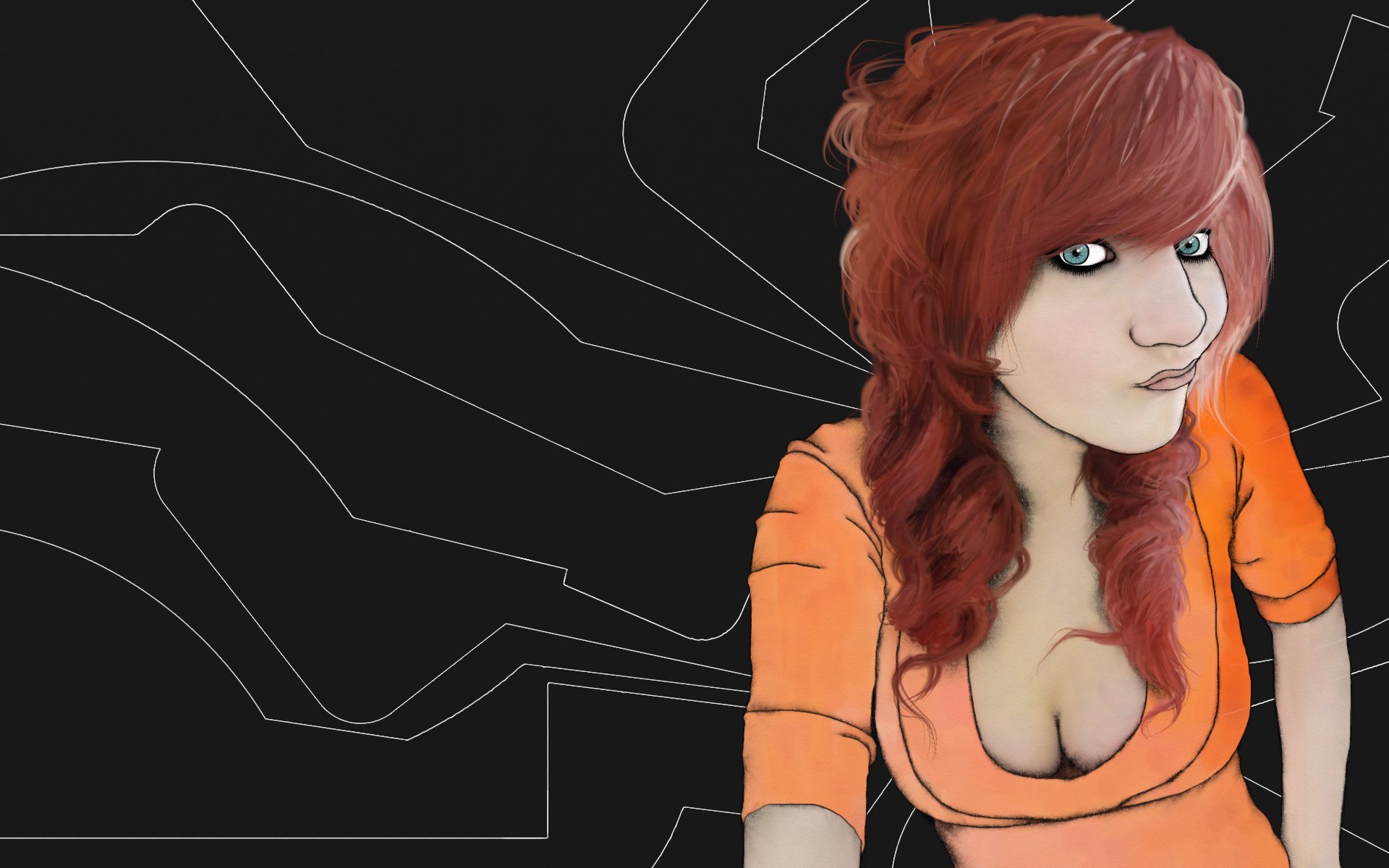 HD artistic desktop wallpaper featuring a stylized woman with red hair and an orange top against a dark, abstract geometric background.