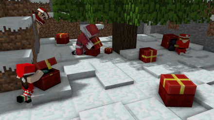 HD desktop wallpaper featuring a Minecraft Christmas scene with Santa and elves surrounded by gifts in a snowy landscape.