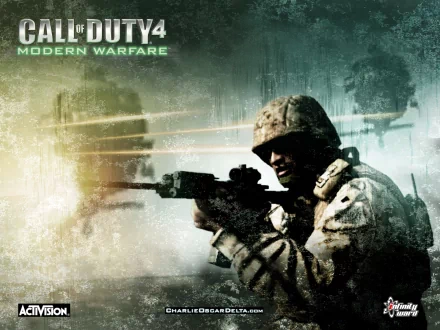 An intense HD wallpaper from Call of Duty 4: Modern Warfare, featuring a soldier aiming a rifle amidst a dramatic backdrop of helicopters and action.