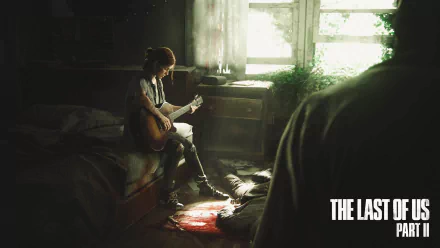 HD wallpaper of Ellie from The Last of Us Part II, sitting on a bed playing guitar in a dimly lit room with sunlight streaming through the window. The Last of Us logo is on the bottom right.