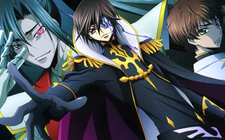 High-resolution wallpaper featuring characters Suzaku Kururugi, Julius Kingsley, and Shin Hyuga Shaing from *Code Geass: Akito the Exiled*, set against a dramatic backdrop.