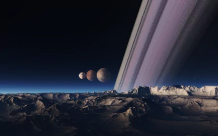 HD PC desktop wallpaper from the Space Engine video game, showcasing a detailed moon surface, a ringed planet, and additional moons against the backdrop of space.
