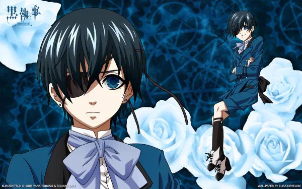 HD desktop wallpaper featuring Ciel Phantomhive from the anime Black Butler (Kuroshitsuji), with a blue-toned background and white roses.