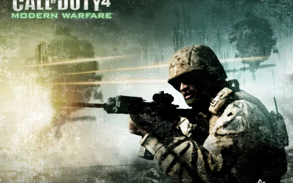 An intense HD wallpaper from Call of Duty 4: Modern Warfare, featuring a soldier aiming a rifle amidst a dramatic backdrop of helicopters and action.