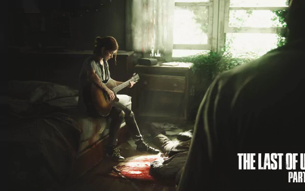HD wallpaper of Ellie from The Last of Us Part II, sitting on a bed playing guitar in a dimly lit room with sunlight streaming through the window. The Last of Us logo is on the bottom right.