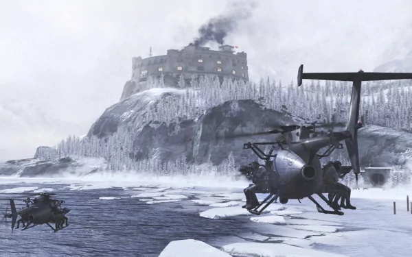 A dynamic scene from Call of Duty: Modern Warfare 2, featuring helicopters near a snowy landscape and a fortified castle in the background, creating an intense gaming atmosphere.