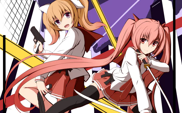 Anime HD PC desktop wallpaper of Aria the Scarlet Ammo: two school-uniform heroines with long blonde and pink hair striking dynamic, gun-wielding poses against a bold geometric background.