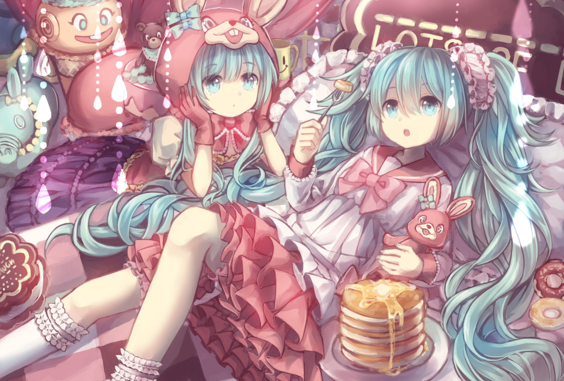 HD PC desktop wallpaper featuring anime-style Hatsune Miku from Vocaloid, surrounded by whimsical sweets and plush toys in a detailed, colorful scene.