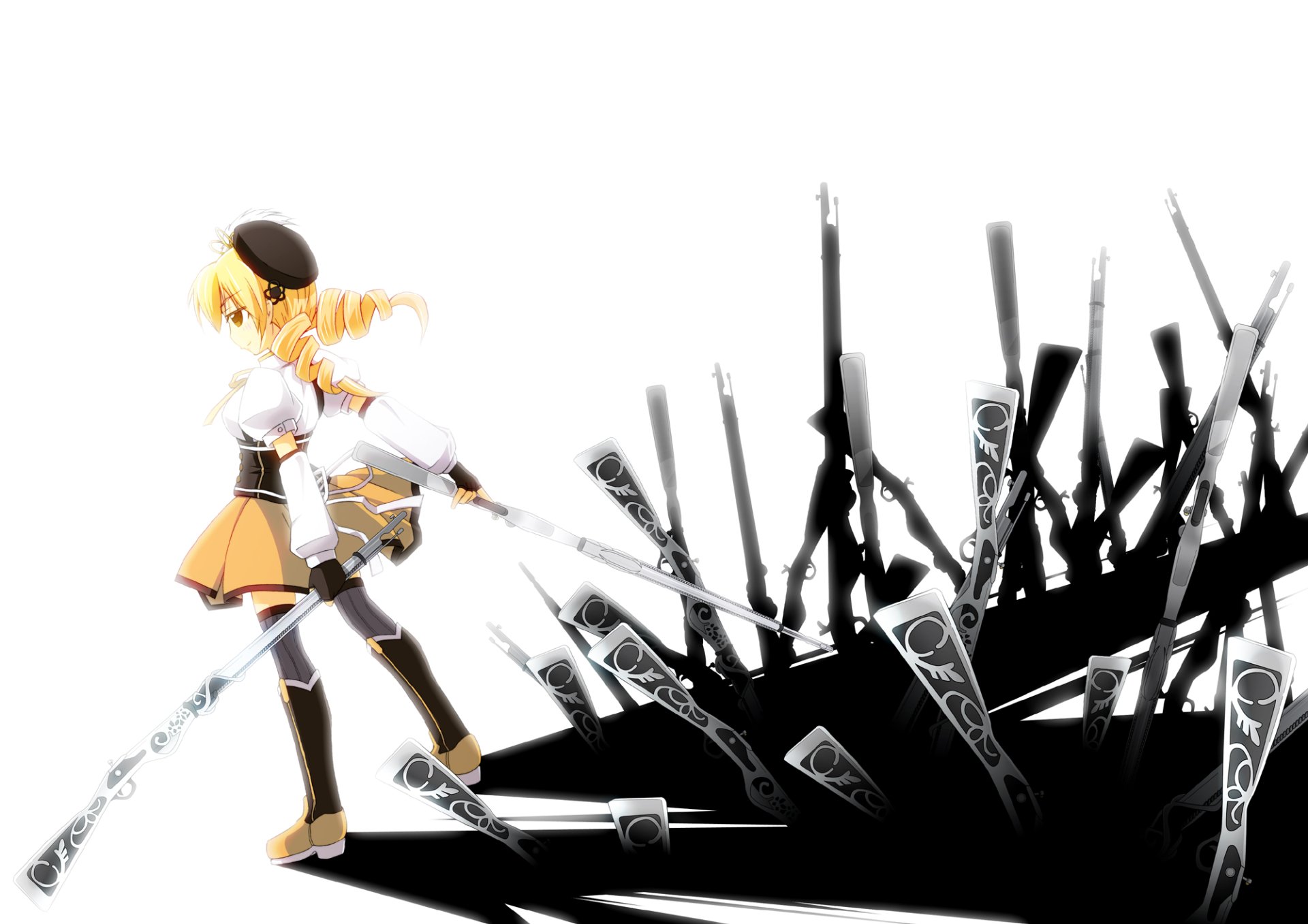 HD PC desktop anime wallpaper of Puella Magi Madoka Magica: Mami Tomoe strides left, wielding a rifle as ornate gun barrels and black shards fan out against a stark white background.