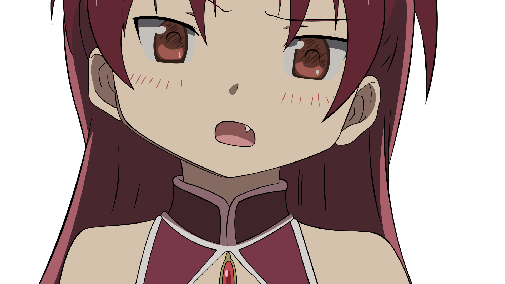 Anime close-up from Puella Magi Madoka Magica: red-haired magical girl with surprised expression and red outfit — 4K Ultra HD PC desktop wallpaper and background.