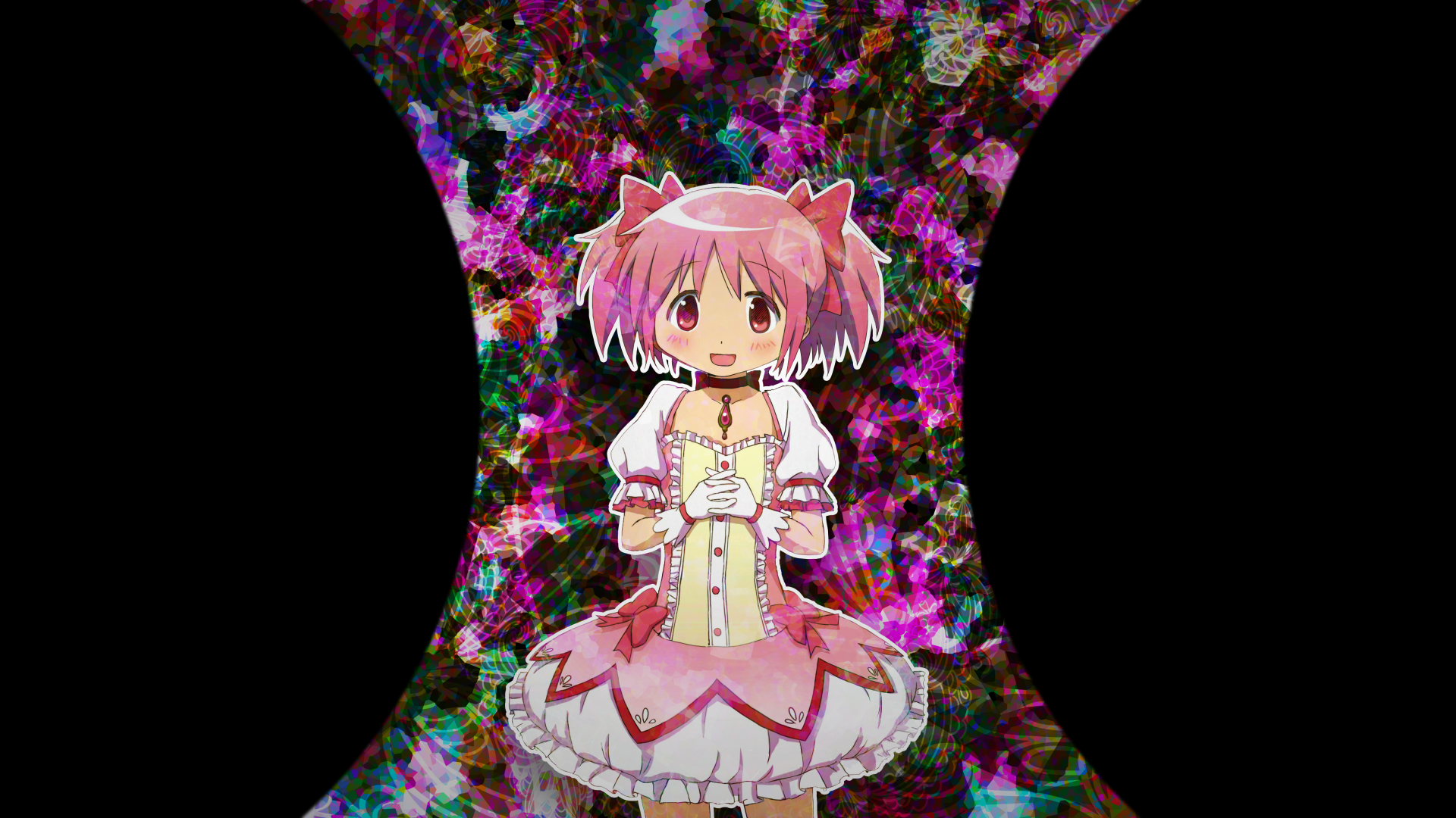 Anime: Puella Magi Madoka Magica — Madoka Kaname in a pink magical girl outfit centered on a vibrant kaleidoscopic backdrop, 5K Ultra HD PC desktop wallpaper/background.