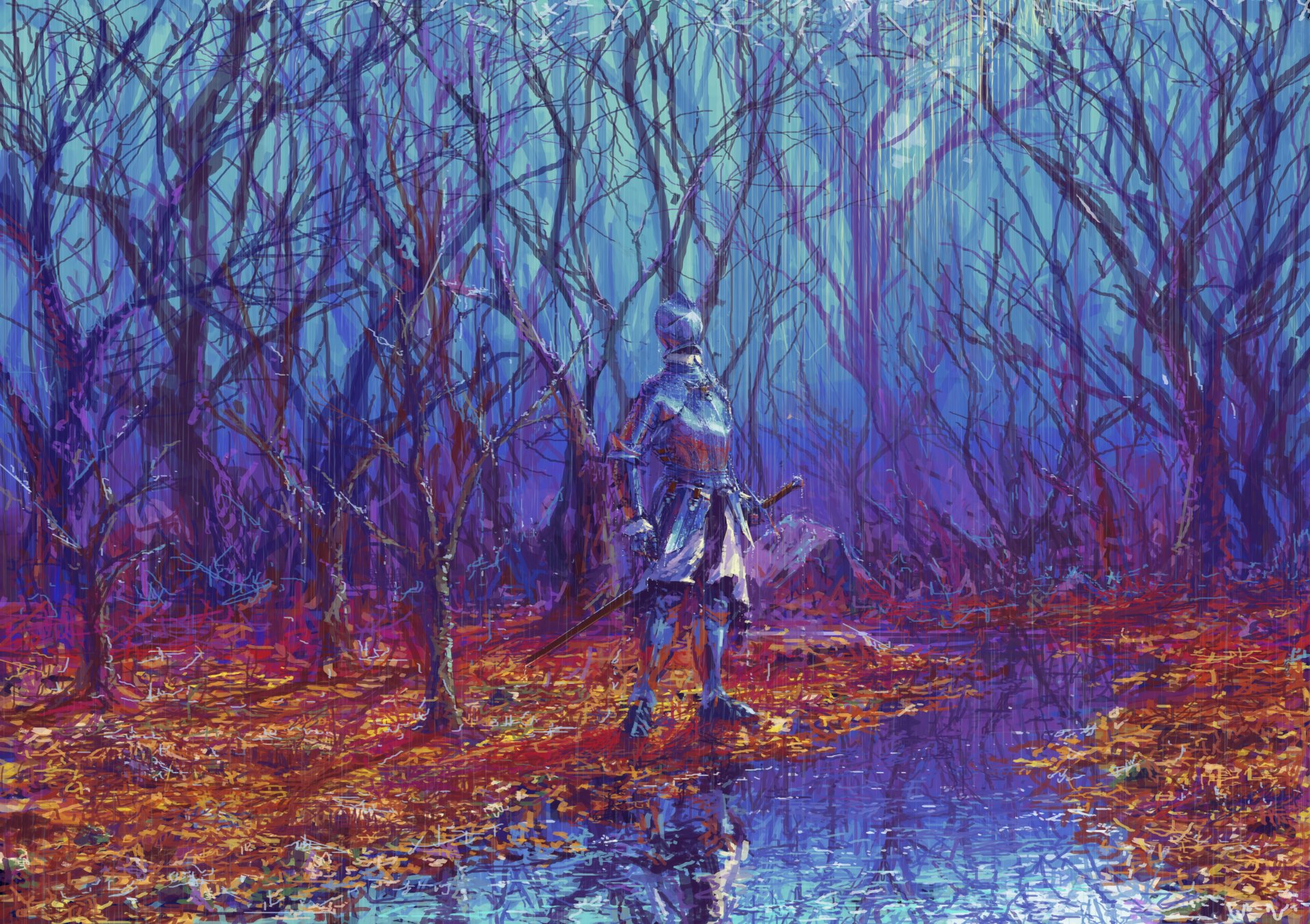 A fantasy warrior in armor stands in a colorful rain-soaked forest near a stream. The scene is vibrant and mystical. HD desktop wallpaper and background.