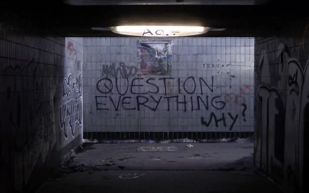 A gritty underground passageway adorned with expressive graffiti, featuring the phrase QUESTION EVERYTHING WHY? A striking HD wallpaper that captures urban art's raw essence.