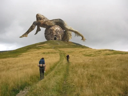 A stunning CGI artwork depicting a monumental fallen figure on a grassy hill, with two hikers approaching. This digital art piece serves as a captivating HD desktop wallpaper.