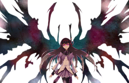 HD PC desktop wallpaper featuring Homura Akemi from the anime Puella Magi Madoka Magica, with dark, abstract wings spreading dramatically behind her.