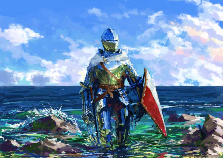 A fantasy warrior in polished armor and a red shield stands against a vibrant ocean horizon. This HD desktop wallpaper beautifully blends elements of medieval knight aesthetics with a dynamic seascape.