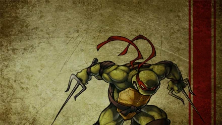 HD desktop wallpaper featuring Raphael from Teenage Mutant Ninja Turtles in a dynamic comic-style pose, holding his signature sai weapons against a textured background with red stripes.