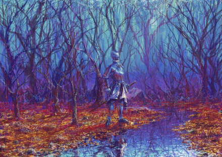 A fantasy warrior in armor stands in a colorful rain-soaked forest near a stream. The scene is vibrant and mystical. HD desktop wallpaper and background.