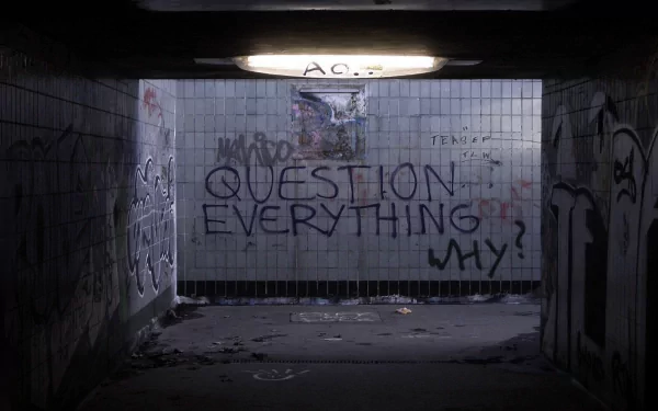 A gritty underground passageway adorned with expressive graffiti, featuring the phrase QUESTION EVERYTHING WHY? A striking HD wallpaper that captures urban art's raw essence.