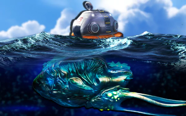 HD Subnautica-themed desktop wallpaper featuring a life pod floating above an alien sea creature.